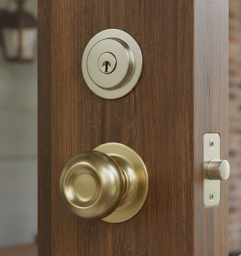 Brass door knob and lock on a wooden door, representing reliable locksmith services in Charlotte for lock repair and key cutting.