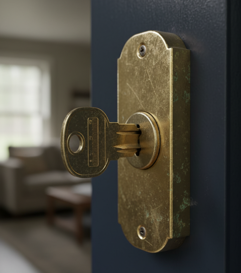 Close-up of a brass door lock and key, highlighting locksmith services like lock repair and key cutting in Charlotte.