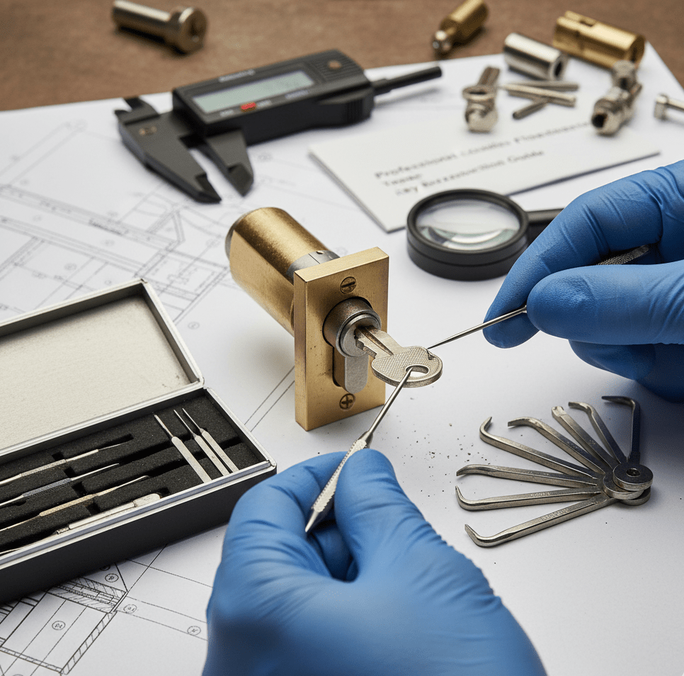 Locksmith in Charlotte performing lock repair and key cutting, using tools and equipment on a work surface.