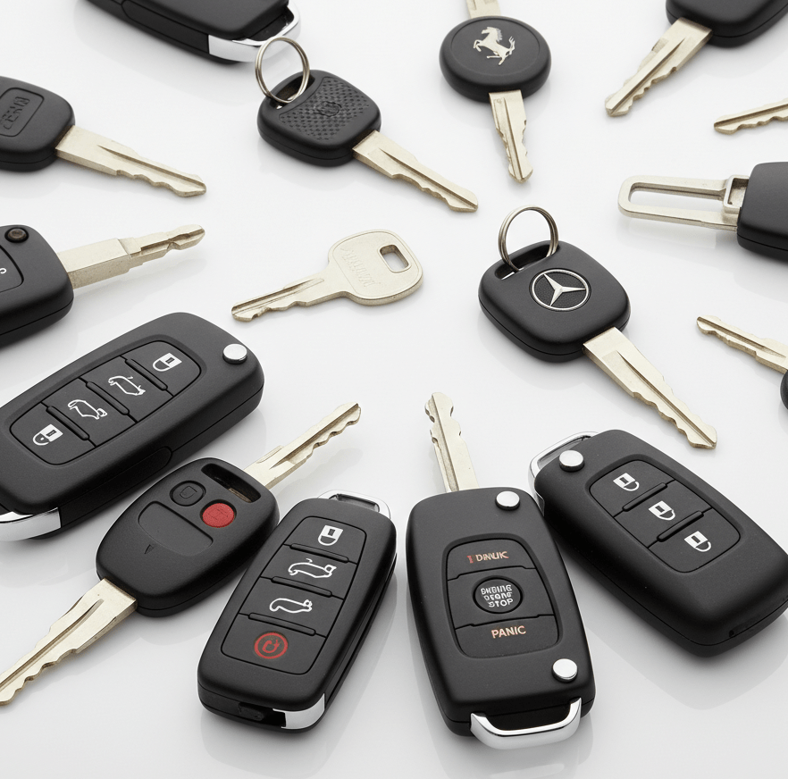 A variety of car keys and remotes, highlighting key cutting and locksmith services in Charlotte.