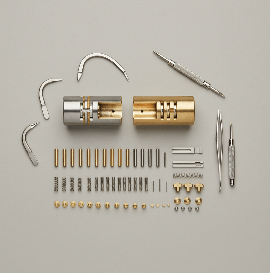 Locksmith tools and components for lock repair and key cutting in Charlotte, showcasing precision and quality craftsmanship.