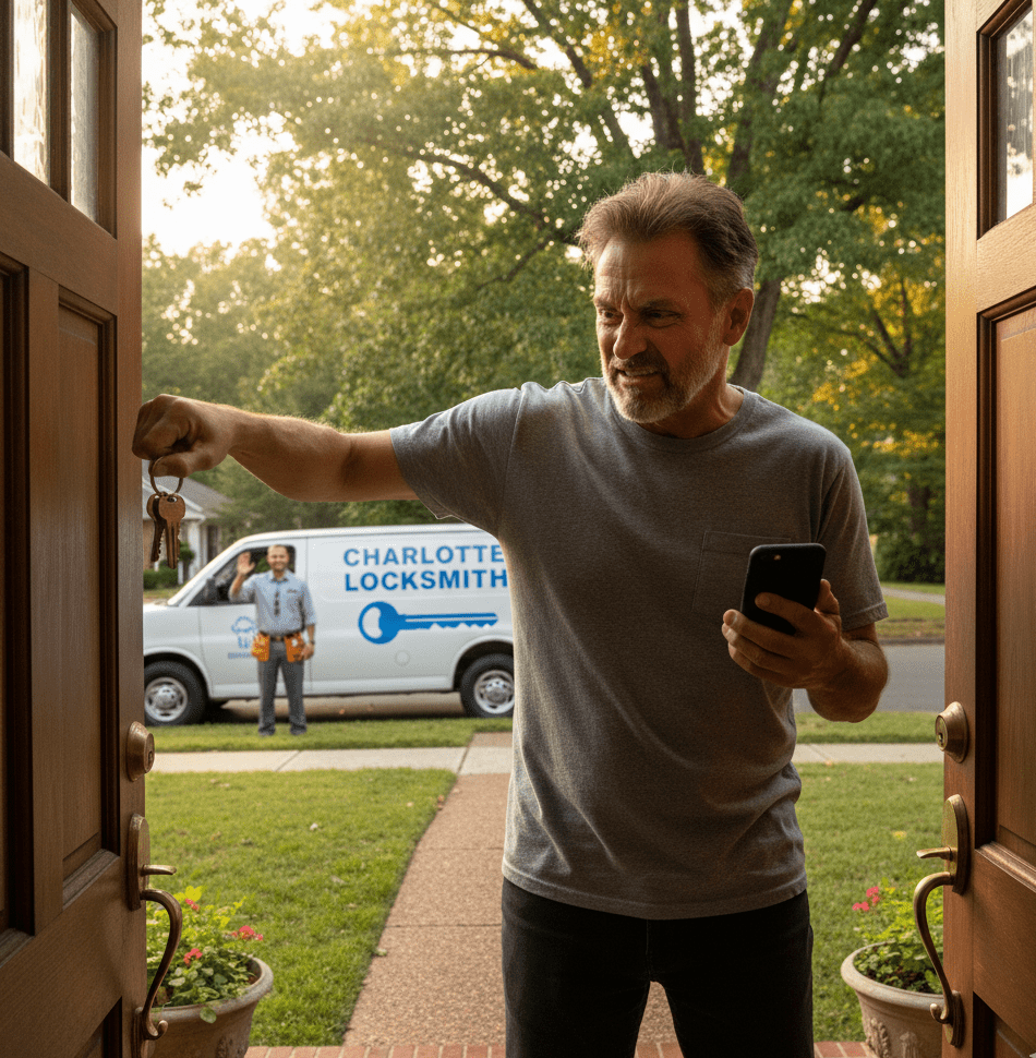 Homeowner using a key to open the door with a locksmith van in the background, highlighting emergency locksmith services in Charlotte.