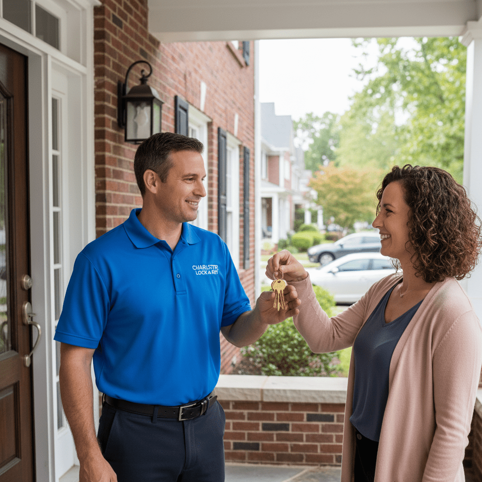 Locksmith in Charlotte handing keys to a satisfied customer after a lock repair service on a residential porch.