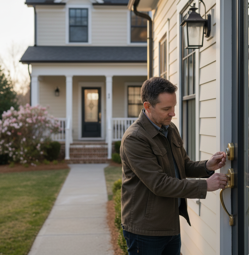 Man using a locksmith service to unlock a door at a home in Charlotte, showcasing key cutting and lock repair expertise.