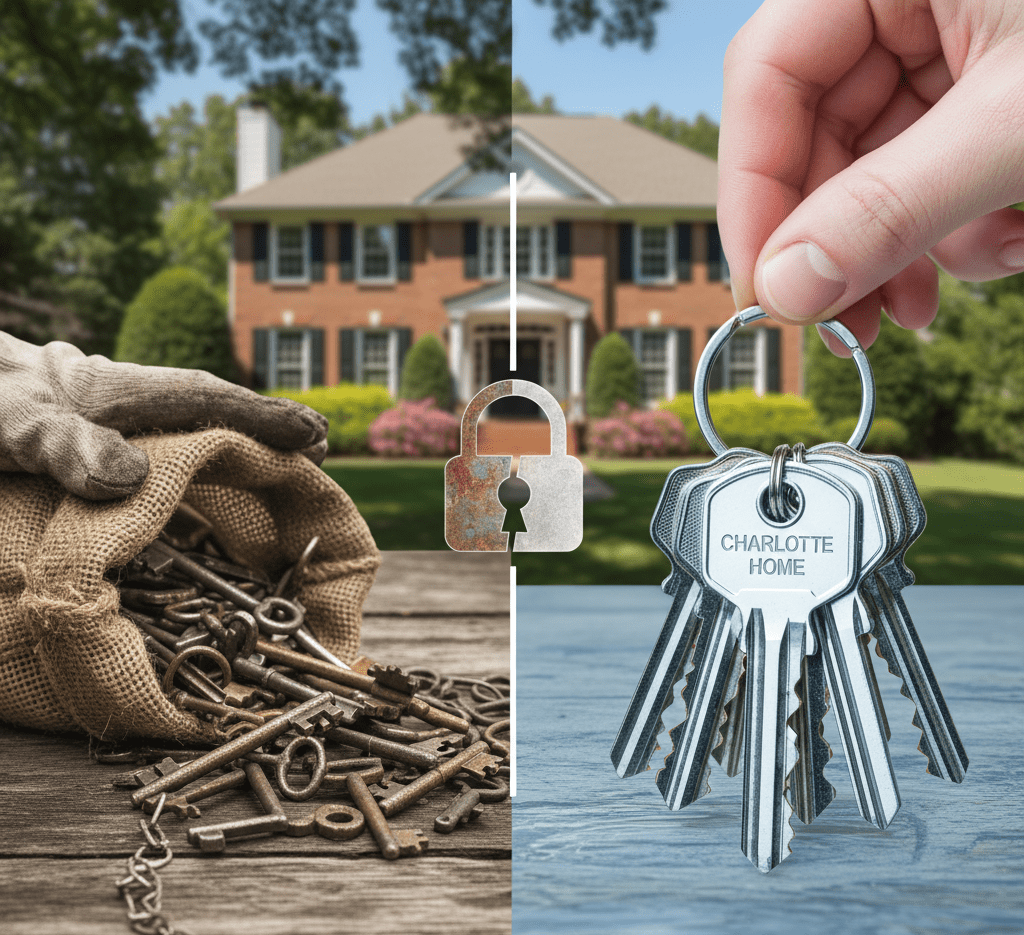 Old keys representing outdated security beside new house keys, highlighting locksmith services in Charlotte for improved safety.