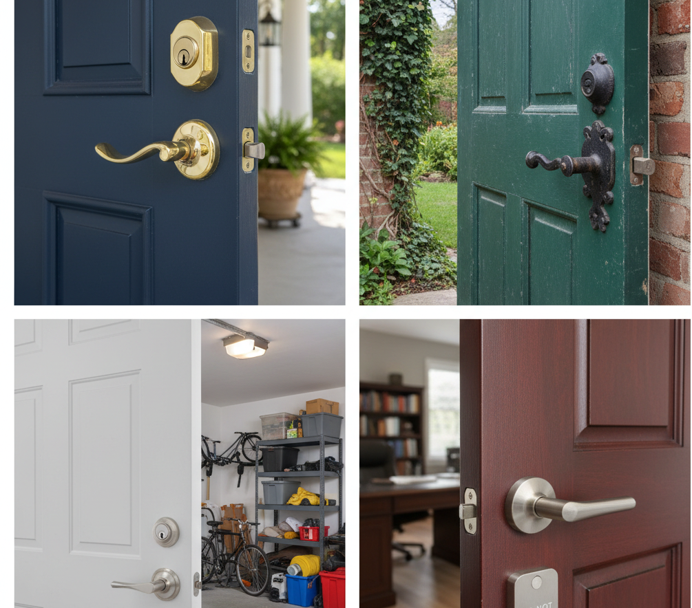 Various door locks and handles showcasing quality lock repair and installation services by a trusted Charlotte locksmith.