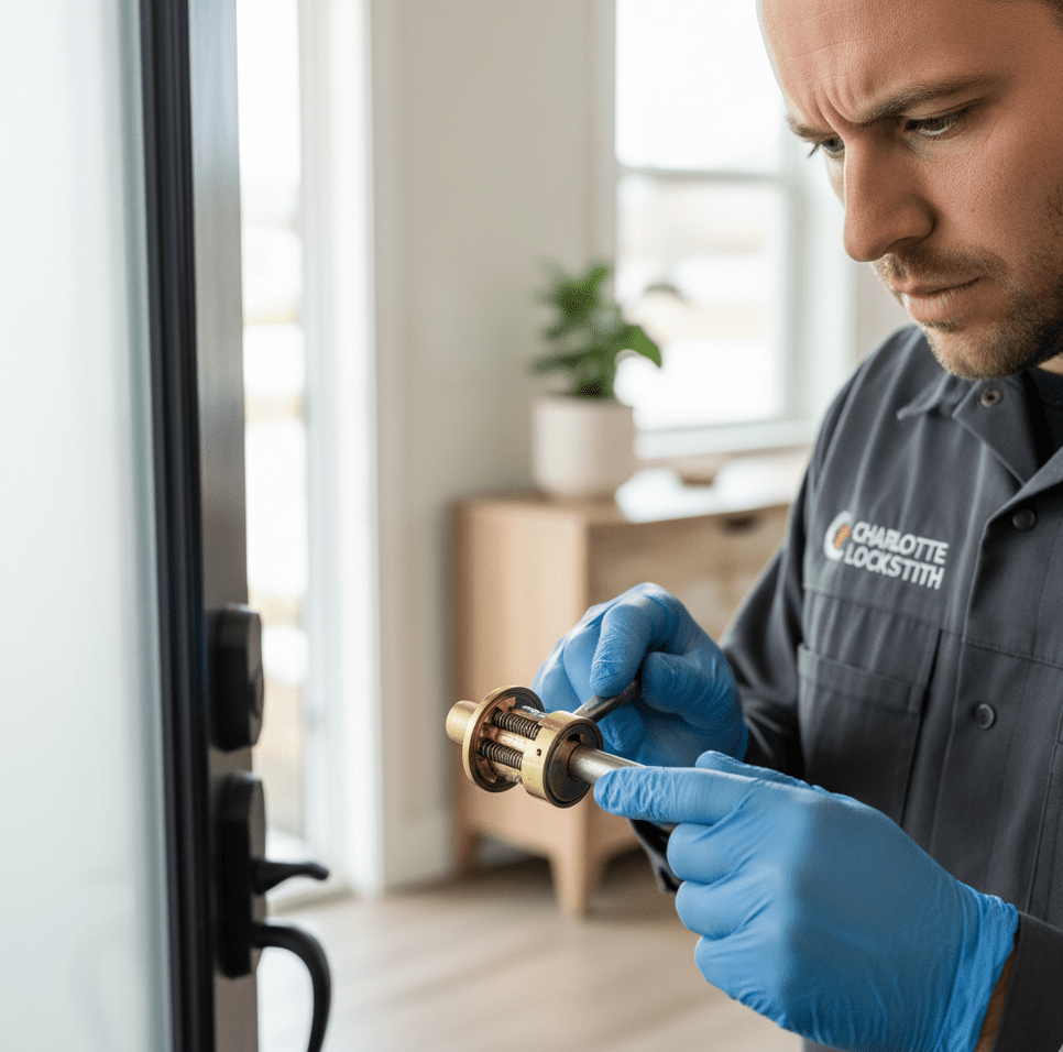 Locksmith in Charlotte performing lock repair and key cutting services for residential security solutions.
