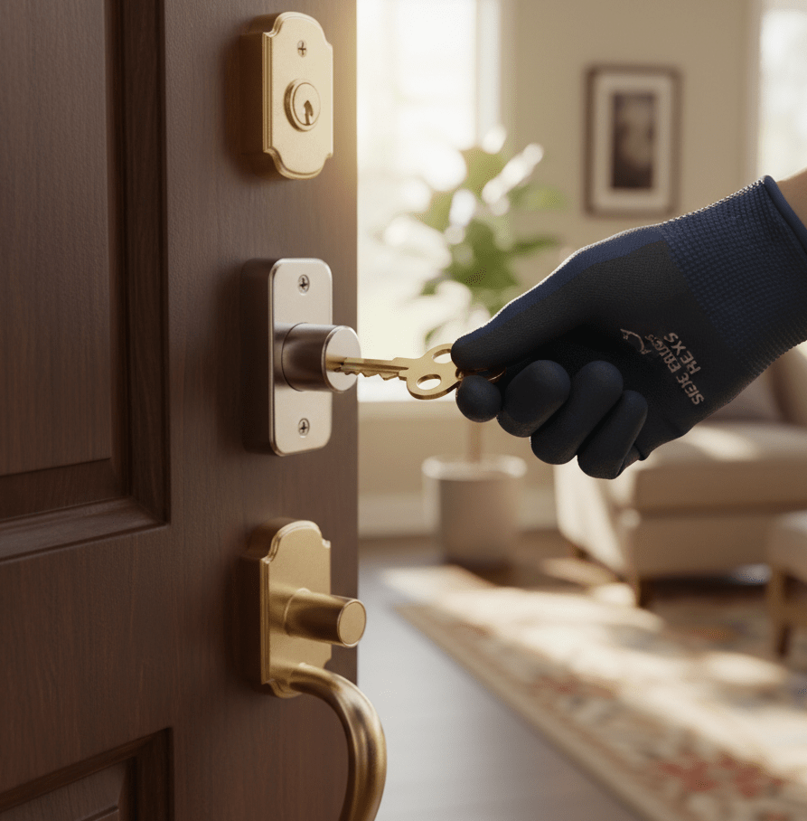 Locksmith in Charlotte using a key to unlock a door, showcasing professional lock repair and key cutting services.