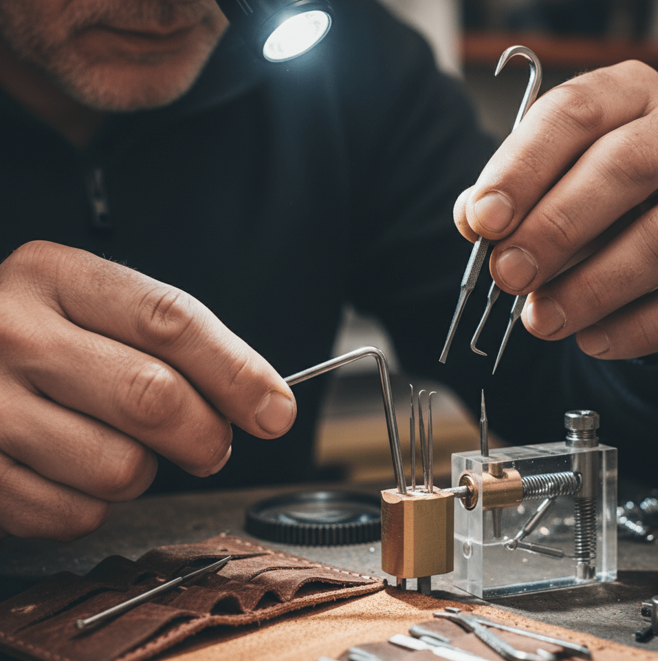 Skilled locksmith in Charlotte performing lock repair and key cutting with precision tools for emergency services.