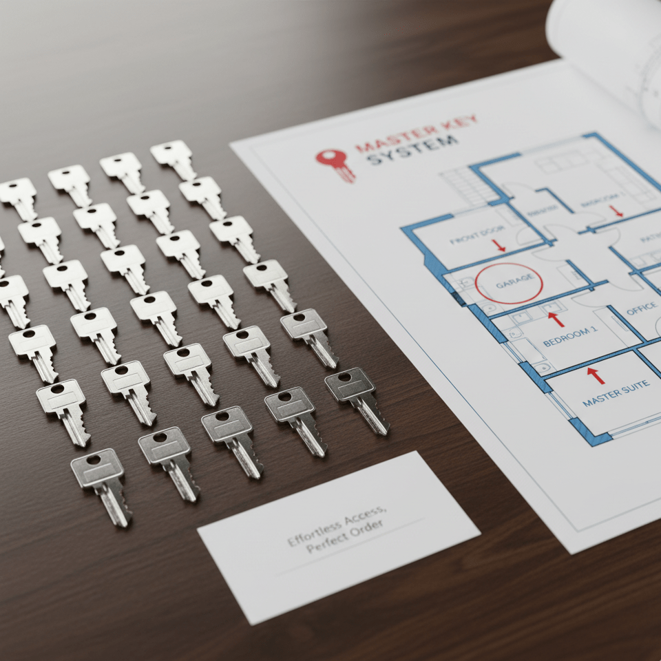 Master key system layout with keys, showcasing locksmith services for lock repair and key cutting in Charlotte.