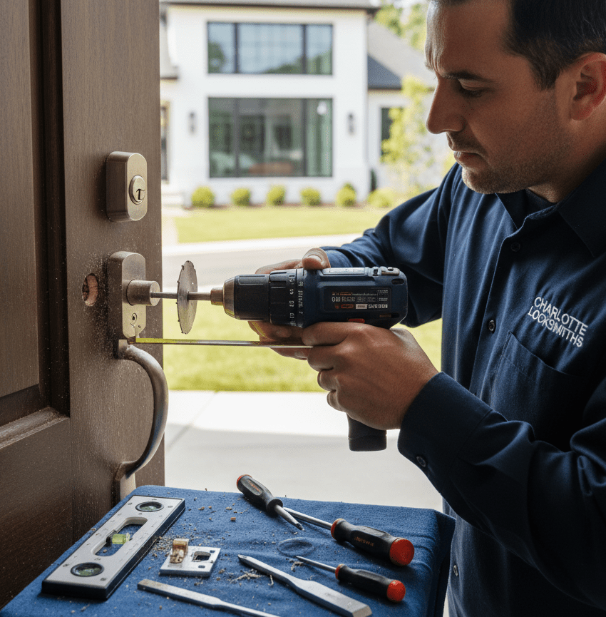 Locksmith in Charlotte performing lock repair with a drill, surrounded by tools on a work table outside a modern home.