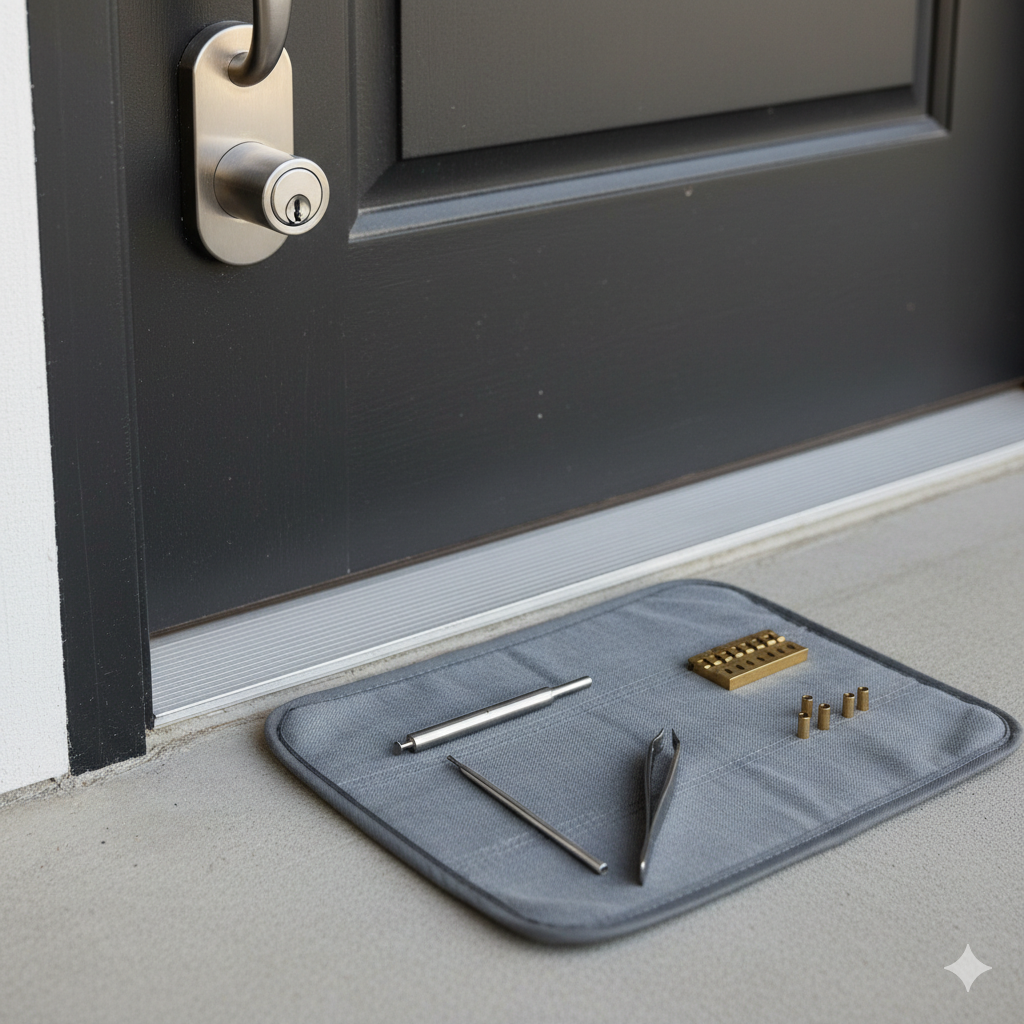 Locksmith tools on a gray mat near a front door, showcasing key cutting and lock repair services in Charlotte.