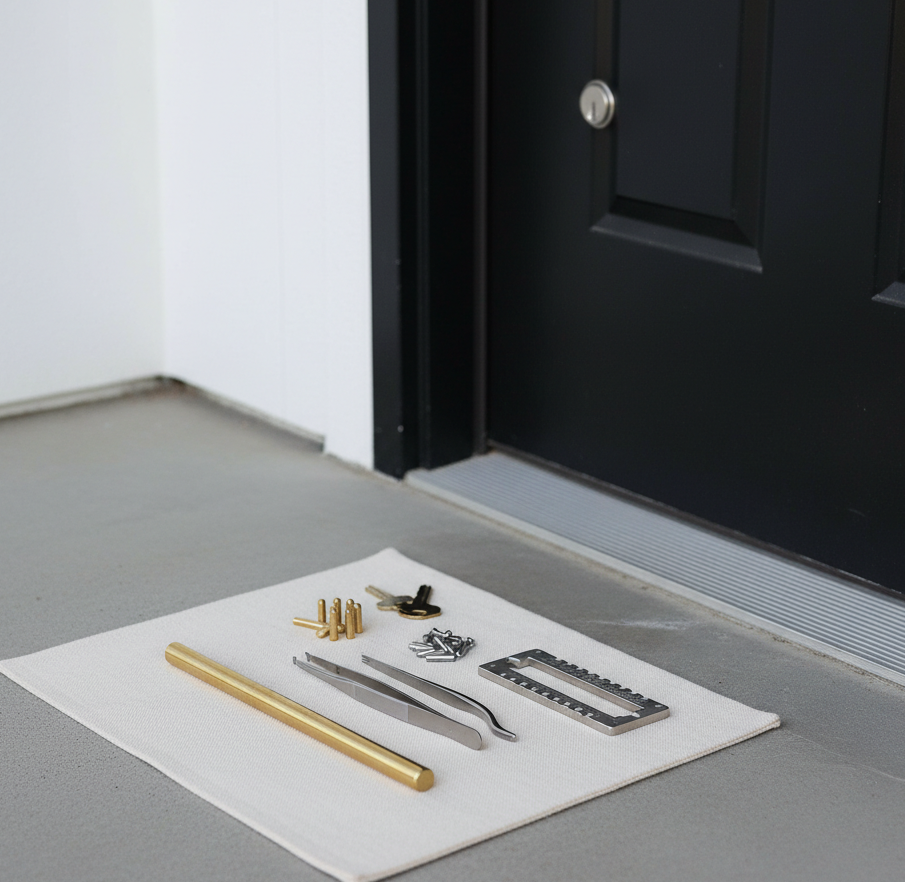 Locksmith tools for door lock repair and key cutting placed on a mat outside a home in Charlotte, NC, ready for service.