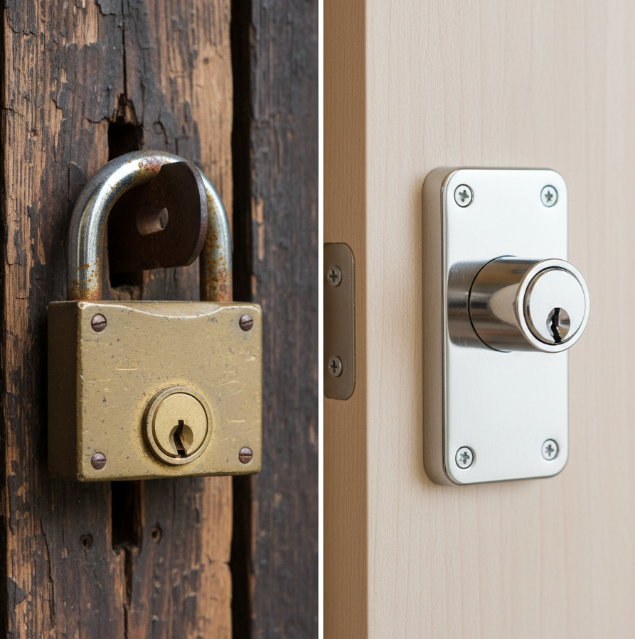 Image of a padlock and a modern door lock, showcasing locksmith services for lock repair and installation in Charlotte.