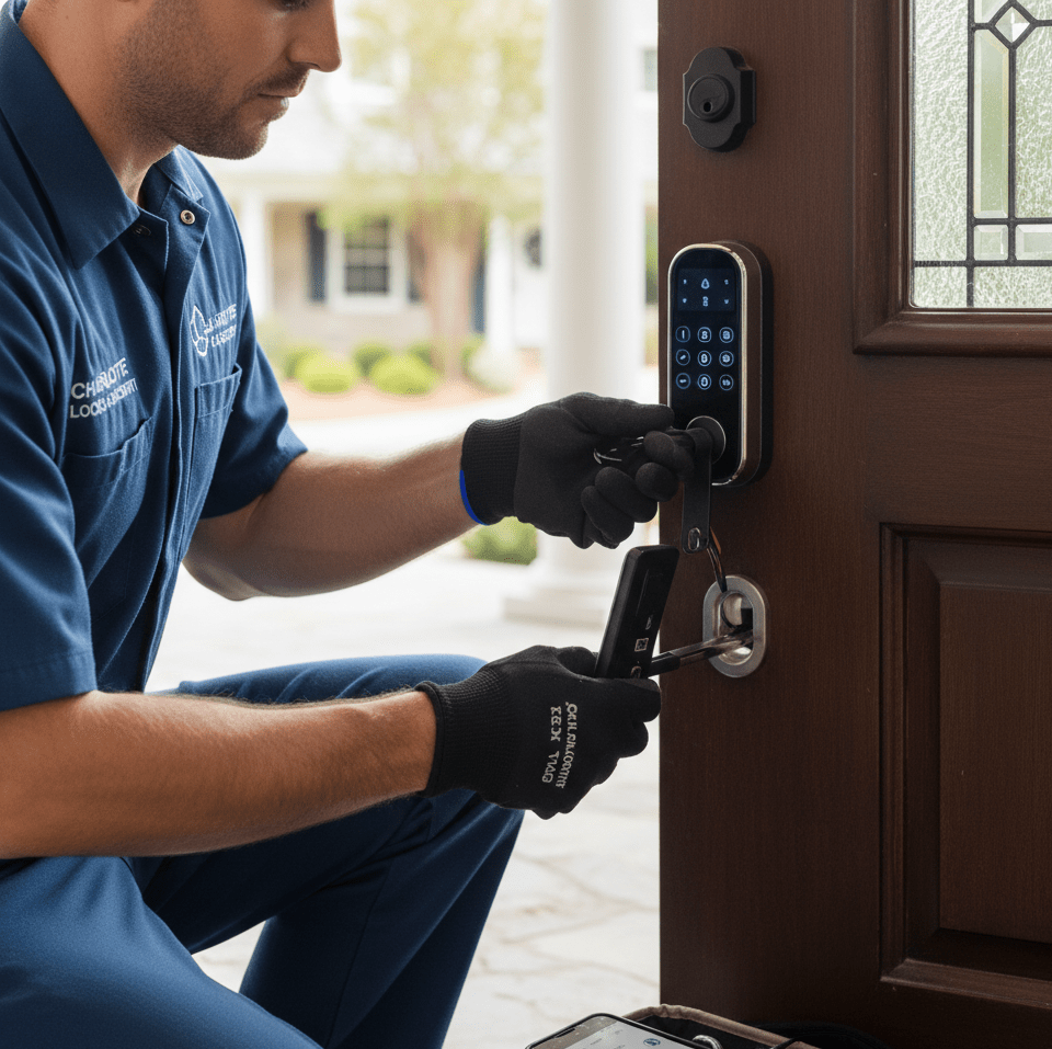 Locksmith in Charlotte servicing a smart lock, demonstrating key cutting and lock repair expertise for secure homes.