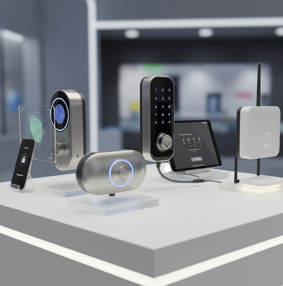 Modern smart locks displayed on a counter, showcasing advanced security solutions for locksmith services in Charlotte.