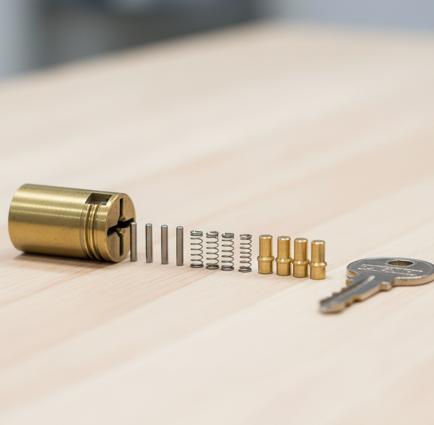 Brass lock cylinder, pins, and key on a wooden surface, representing locksmith services in Charlotte for lock repair and key cutting.