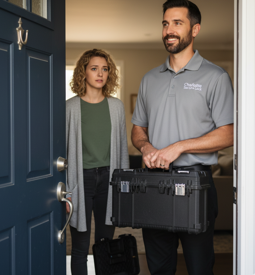 Emergency locksmith in Charlotte providing lock repair and key cutting services at a customer's home.