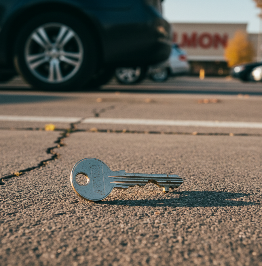 Key lying on a parking lot pavement, highlighting emergency locksmith services and key cutting in Charlotte.