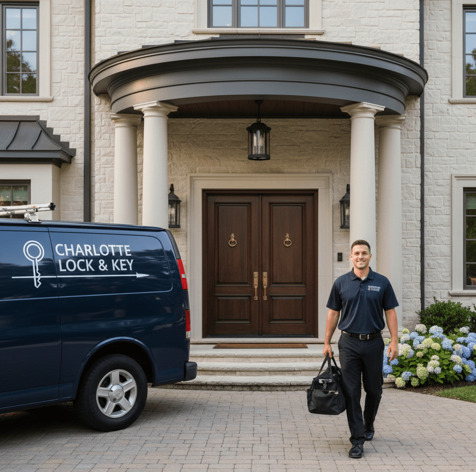 Charlotte locksmith arriving at a home, providing lock repair and key cutting services for local residents.