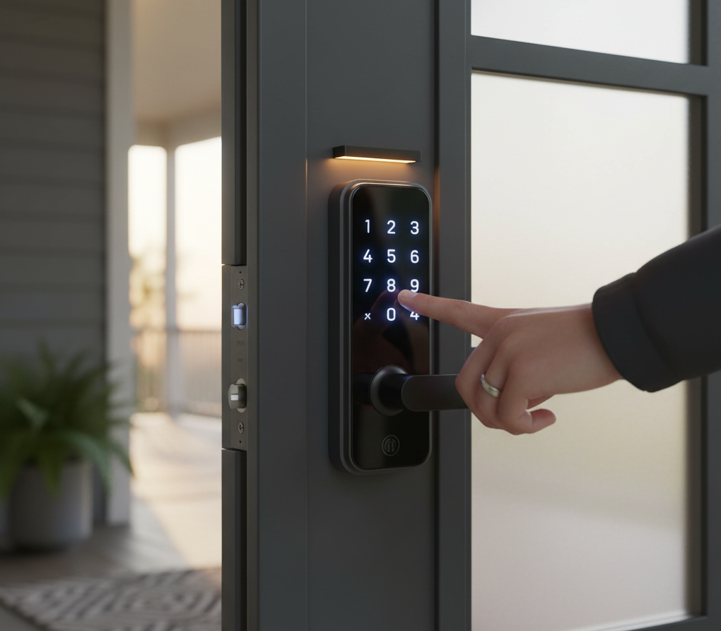 Person using a digital keypad lock on a door, highlighting locksmith services in Charlotte for security and convenience.