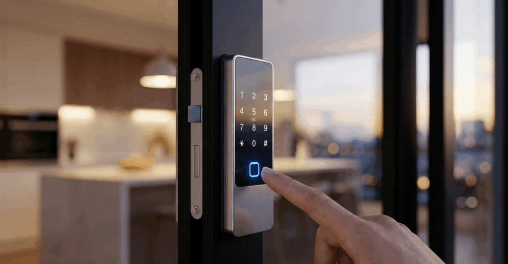 Modern electronic lock being accessed with a finger, showcasing locksmith services for secure homes in Charlotte.