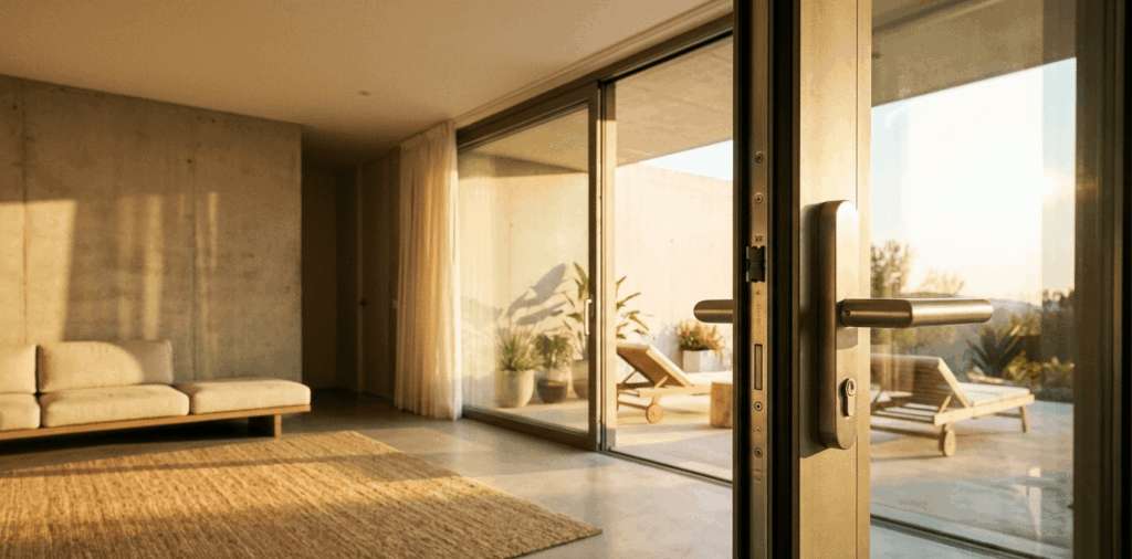 Modern home entrance with secure lock, showcasing locksmith services like lock repair and key cutting in Charlotte.