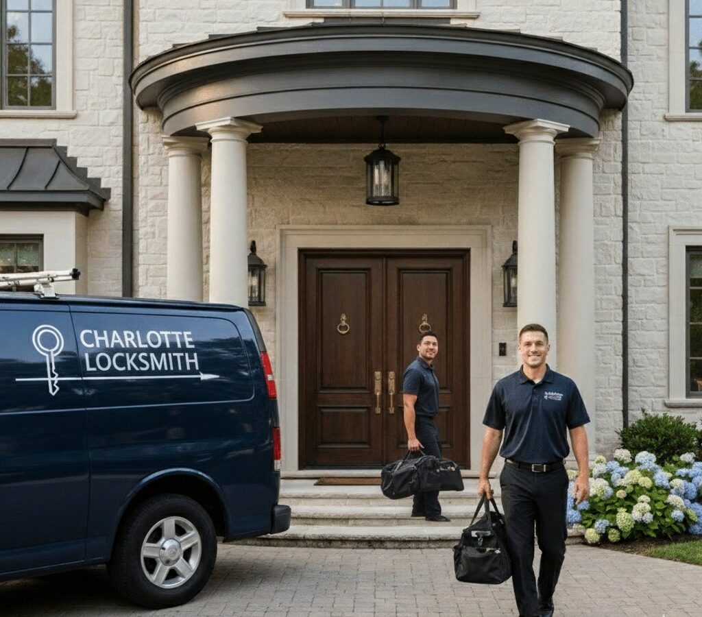 Charlotte locksmiths arriving for emergency lock repair and key cutting services at a residential property.