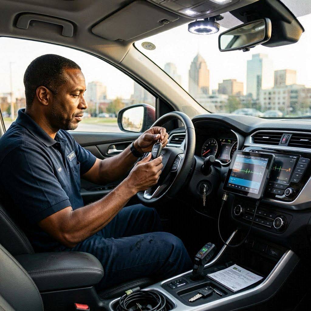 Automotive locksmith programming a transponder key for a vehicle in Charlotte NC