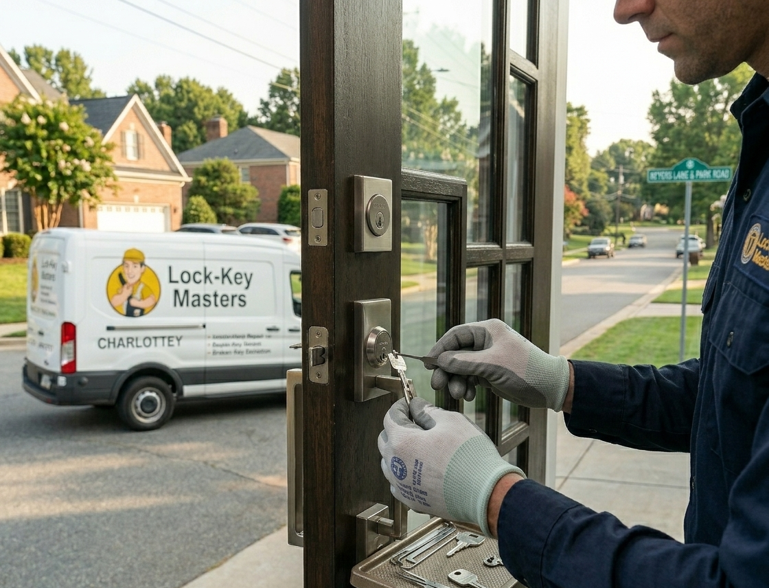 Professional locksmith performing broken key extraction