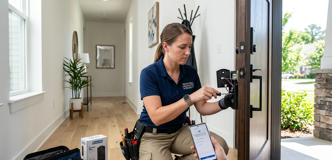 Locksmith installing and configuring a smart lock on a residential door in Charlotte NC