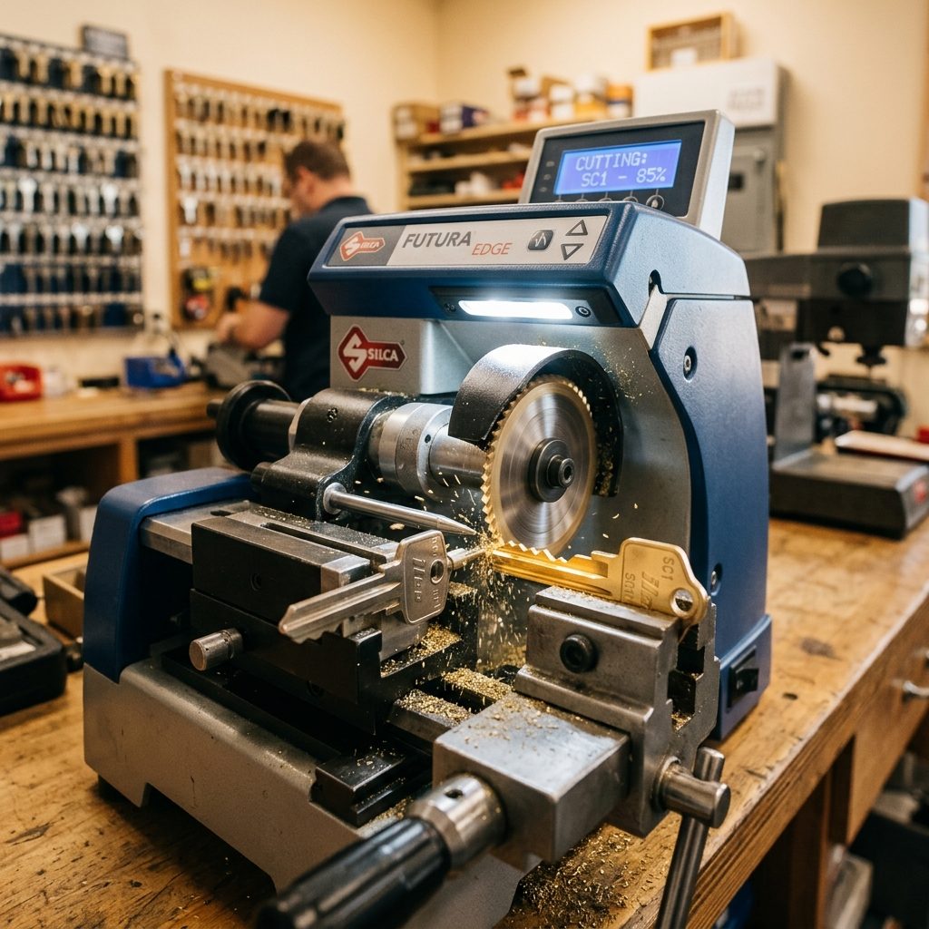 A Silca Futura Edge electronic key cutting machine duplicating a brass key in a locksmith workshop