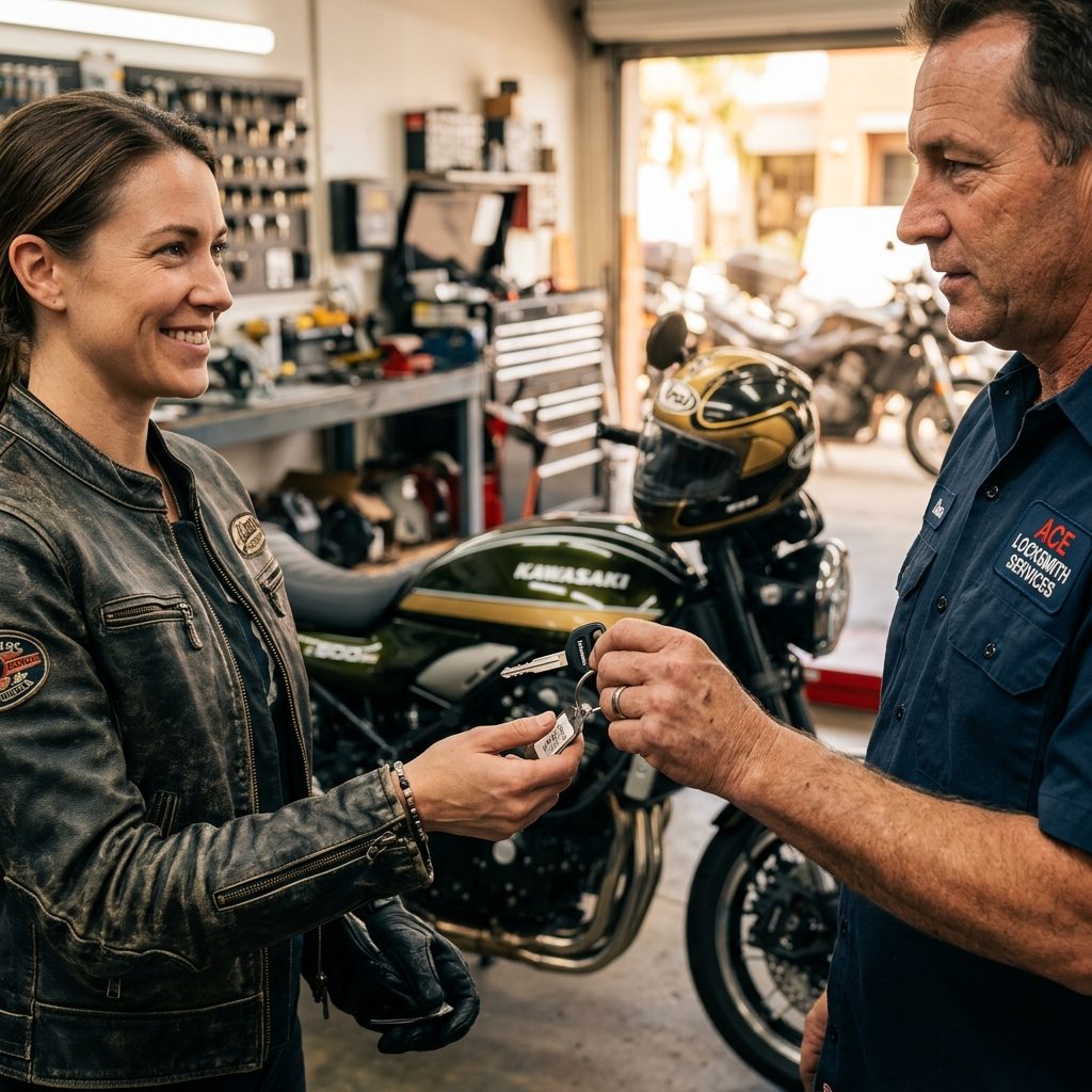 A locksmith hands a set of keys to a woman in a motorcycle shop